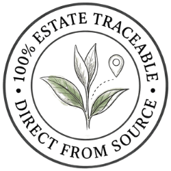 Seal with leaf design and text '100% Estate Traceable Direct from Source' on a white background