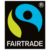 Fairtrade logo with a blue circle and green leaf on a black background