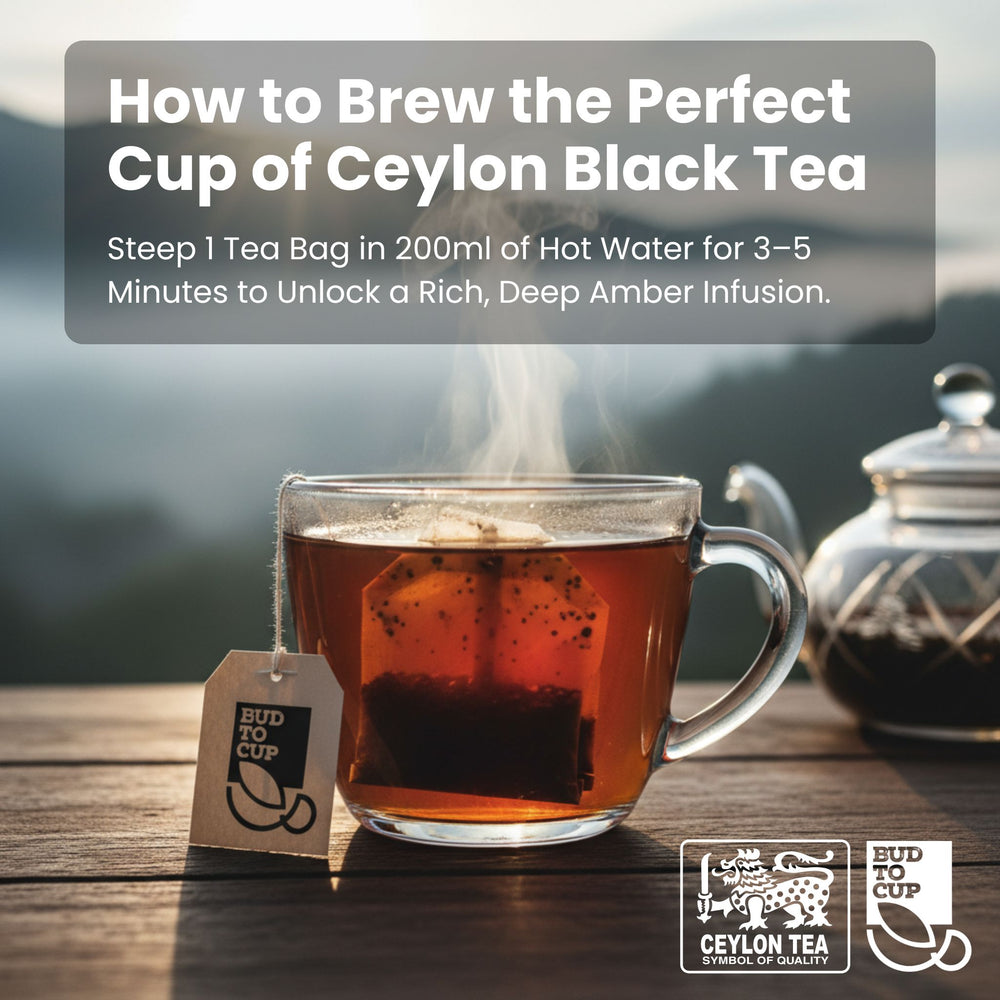 Glass of Ceylon black tea with a teapot and tea bag on a wooden surface, featuring text on how to brew the perfect cup of tea.