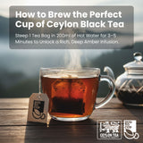 Glass of Ceylon black tea with a teapot and tea bag on a wooden surface, featuring text on how to brew the perfect cup of tea.