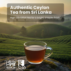 Glass of tea with tea plantation and sunset in the background, featuring Ceylon Tea branding.