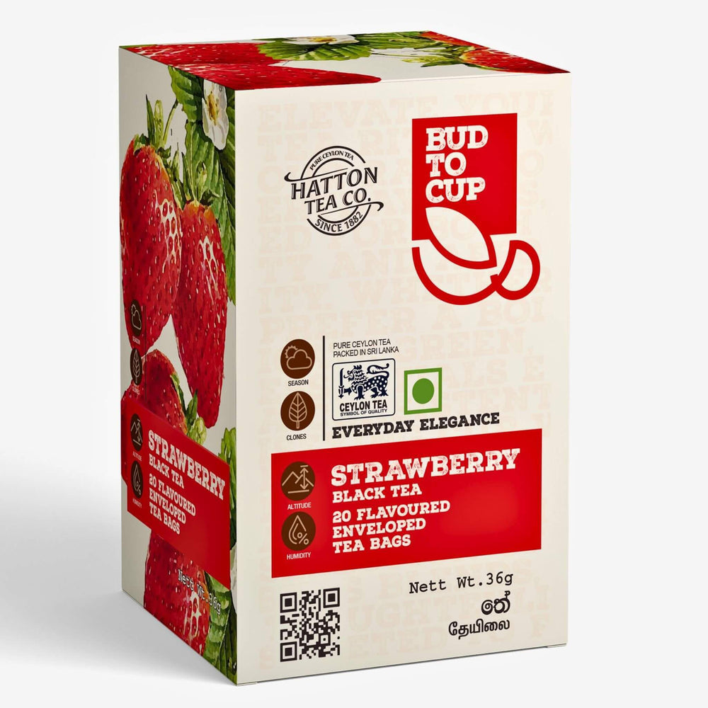 Box of Hatton Tea Co. strawberry black tea on a white background