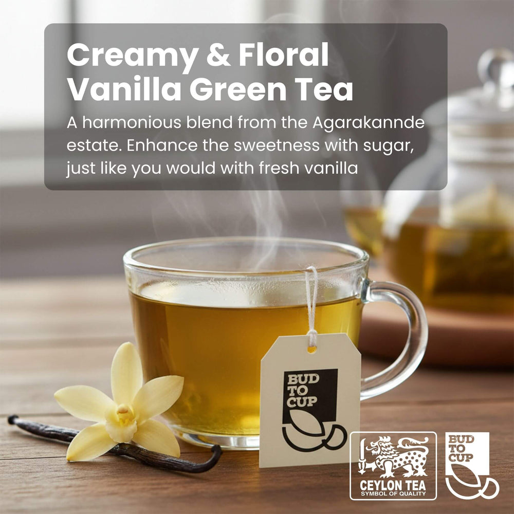Glass mug of creamy floral vanilla green tea with a vanilla flower and tea bag on a wooden surface.