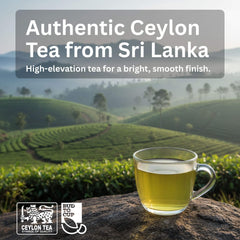 Cup of tea with tea fields and mountains in the background, promoting Authentic Ceylon Tea from Sri Lanka.