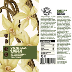 Vanilla green tea packaging with vanilla beans and floral elements on a white background