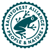 Logo of the Rainforest Alliance with a frog illustration on a white background