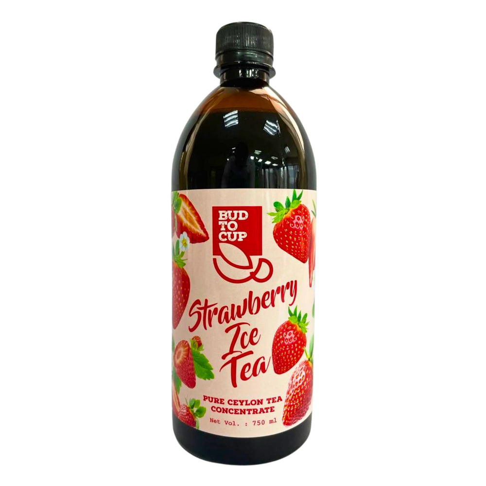 Bud to Cup Strawberry Ice Tea pure ceylon tea concentrate in a 750 ml dark amber bottle with a black cap and a cream-colored label featuring red strawberries.
