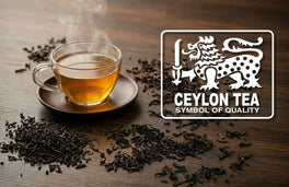 Cup of tea with Ceylon Tea logo on a wooden surface