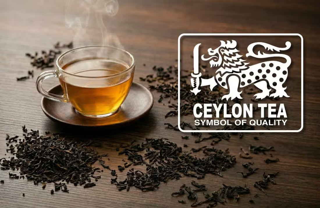 Cup of tea with Ceylon Tea logo on a wooden surface