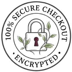 Circular logo with a lock and leaves, indicating a secure checkout process.
