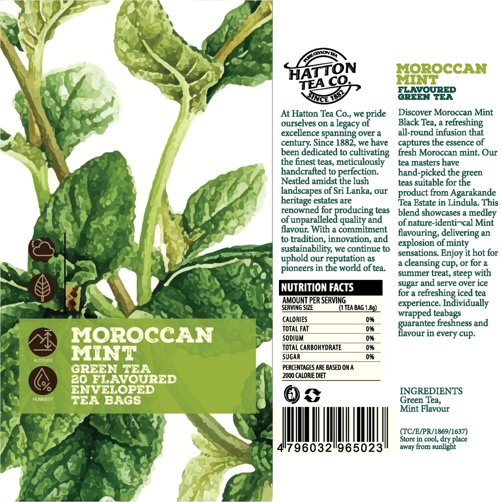 Bud To Cup, Pure Ceylon Green Tea - Moroccan Mint Flavored, 20 Bags