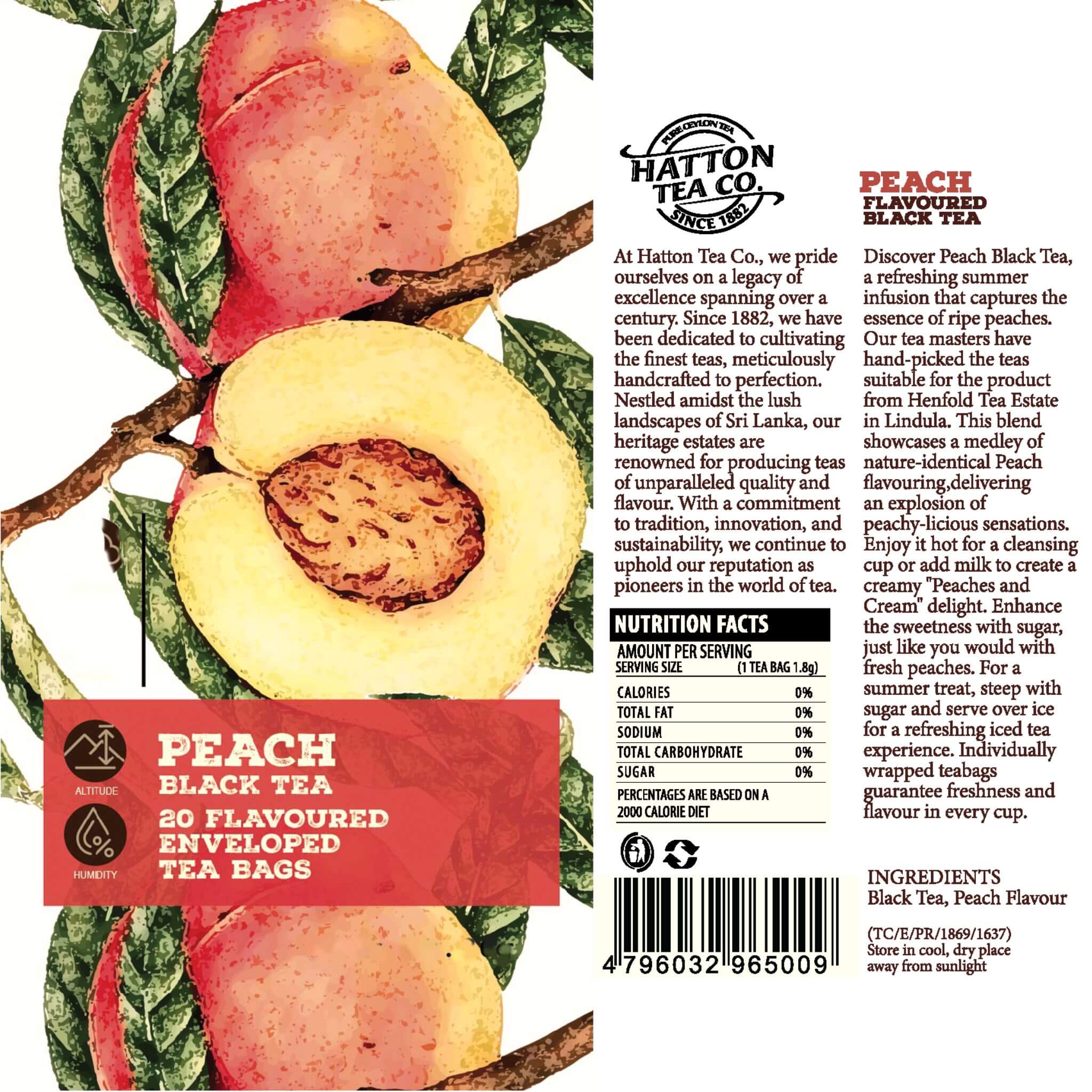 Bud To Cup, Pure Ceylon Black Tea - Peach Flavored, 20 Bags