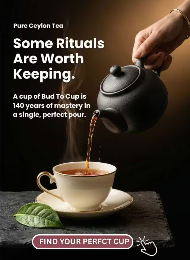 Tea being poured from a teapot into a cup with a leaf, promotional text for Pure Ceylon Tea.