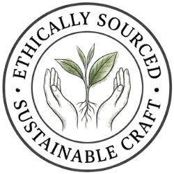 Circular logo with hands holding a plant, labeled 'Ethically Sourced & Sustainable Craft'.