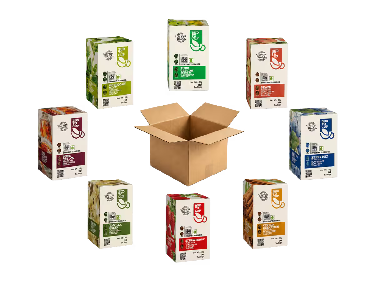 Eight BUD TO CUP Ceylon tea cartons arranged in a circle around an open kraft shipping box