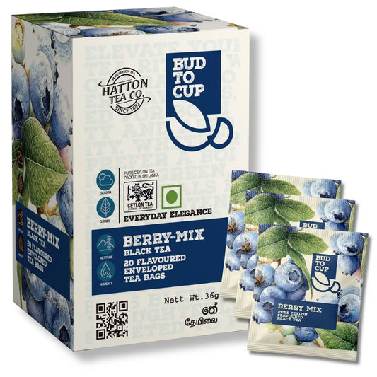 Box of Hatton Tea Co. Berry-Mix tea bags with packaging design featuring blueberries and leaves. 2048