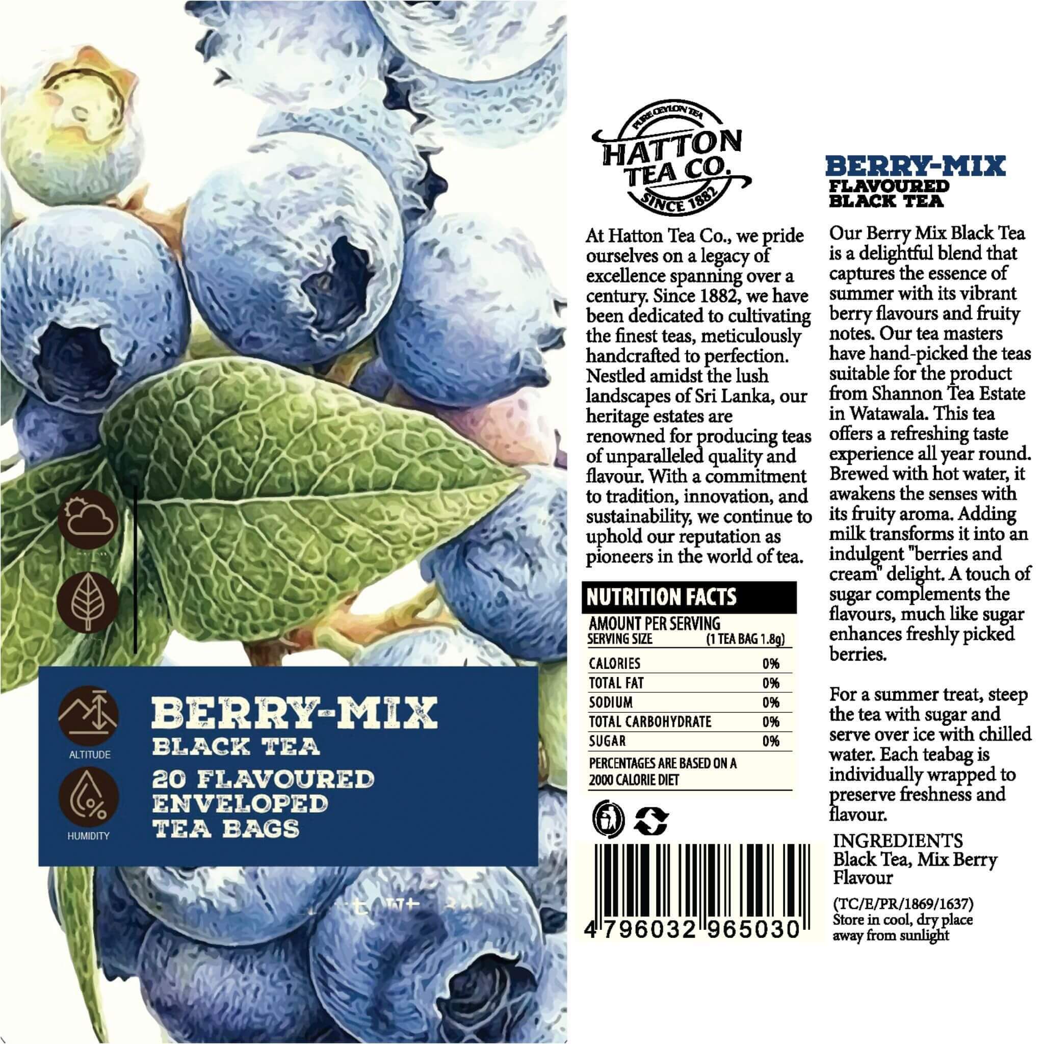 Hatton Tea Co. Berry-Mix Black Tea packaging with blueberries and tea leaves.