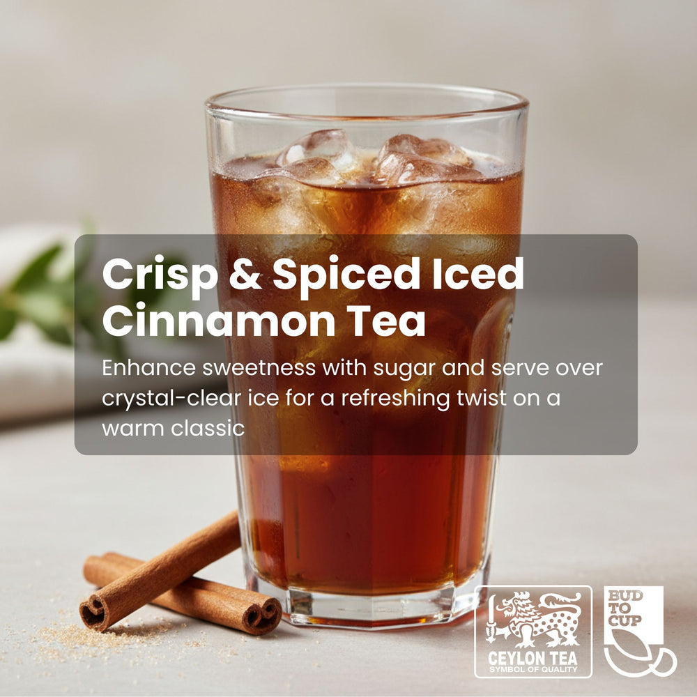 Glass of iced cinnamon tea with cinnamon sticks on a light surface, featuring Ceylon Tea branding.