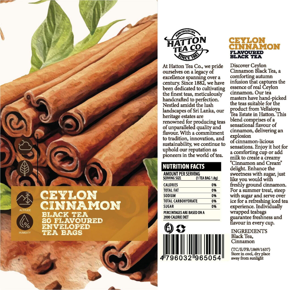 Hatton Tea Co. Ceylon Cinnamon black tea packaging with cinnamon sticks and leaves.