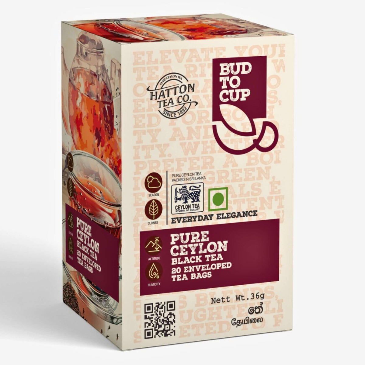 Box of Hatton Tea Co. Pure Ceylon Black Tea with branding and product details.