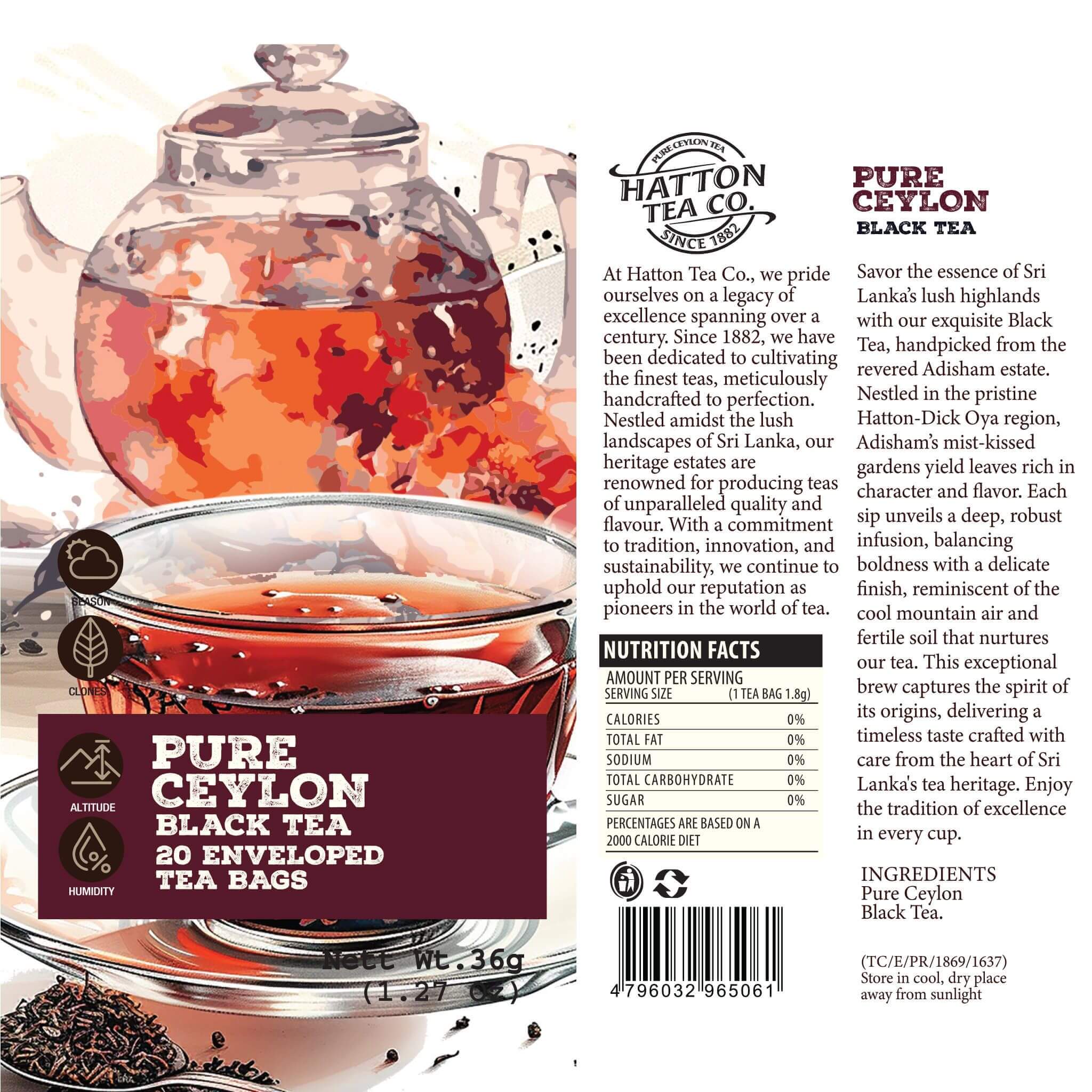 Hatton Tea Co. Pure Ceylon Black Tea packaging with teapot and tea bags.