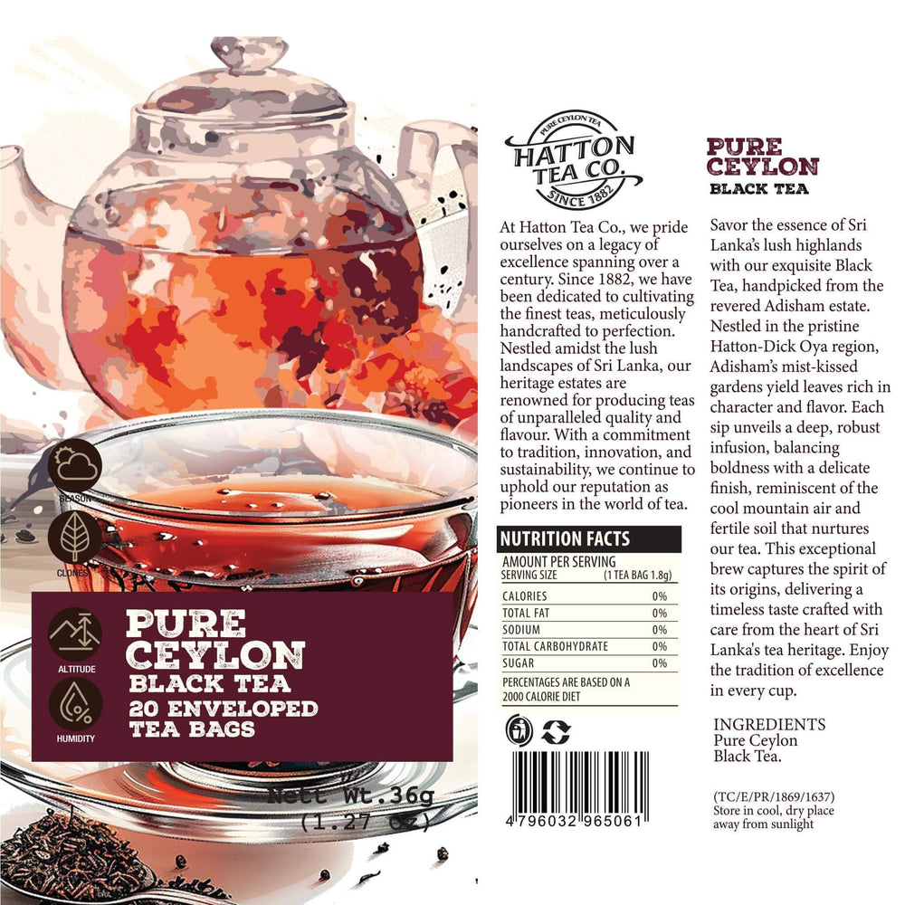 Hatton Tea Co. Pure Ceylon Black Tea packaging with teapot and tea bags.