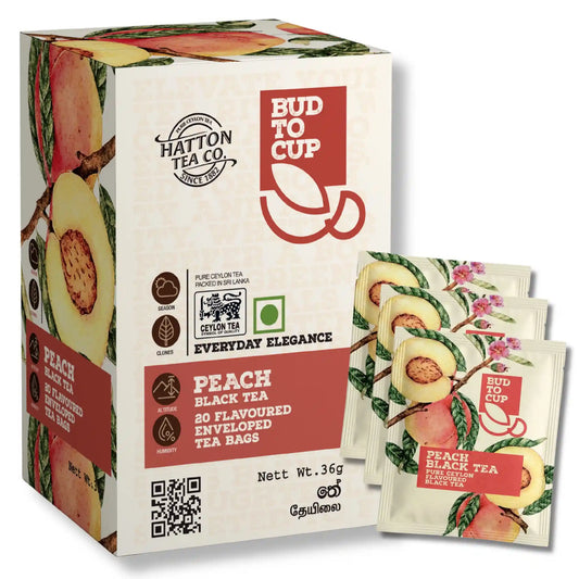 Box of Hatton Tea Co. Peach Black Tea with tea bags on a white background 2048