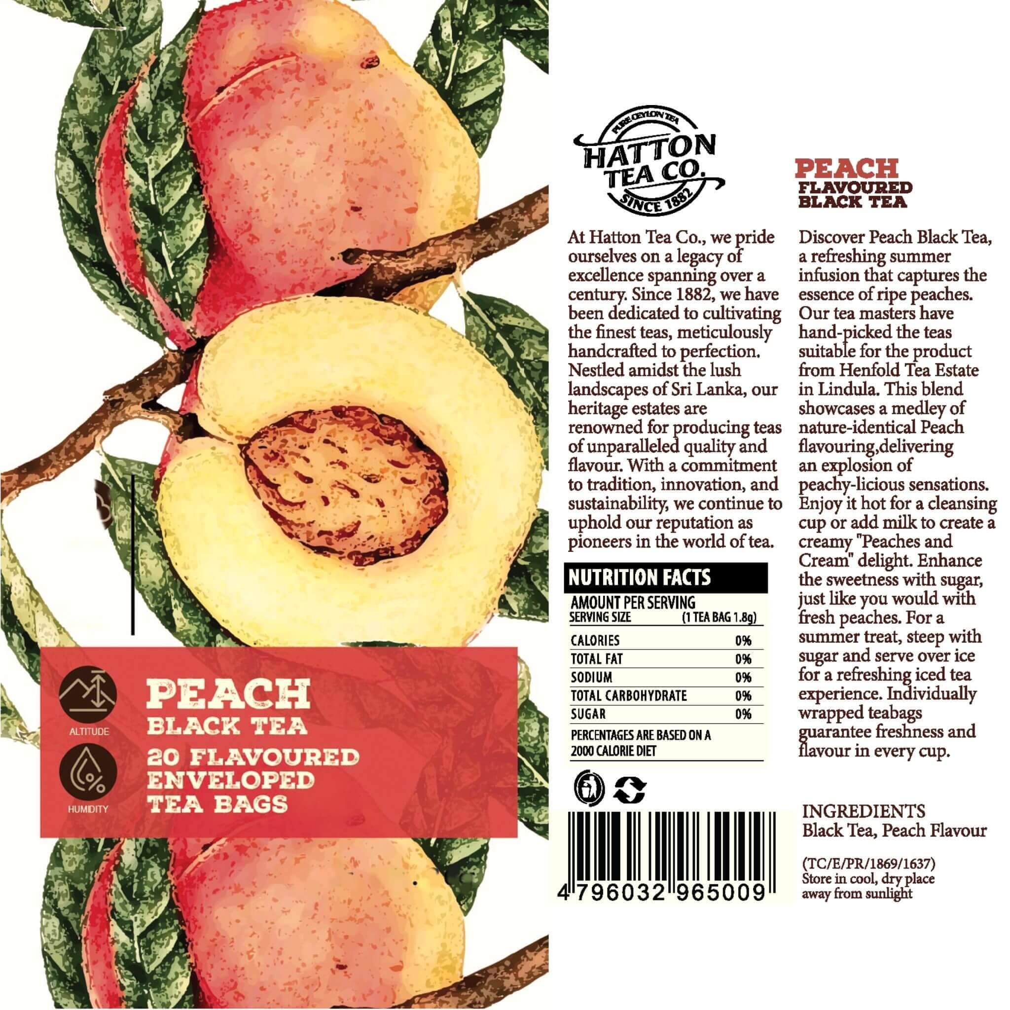Hatton Tea Co. peach-flavored black tea packaging with illustrations of peaches and text.