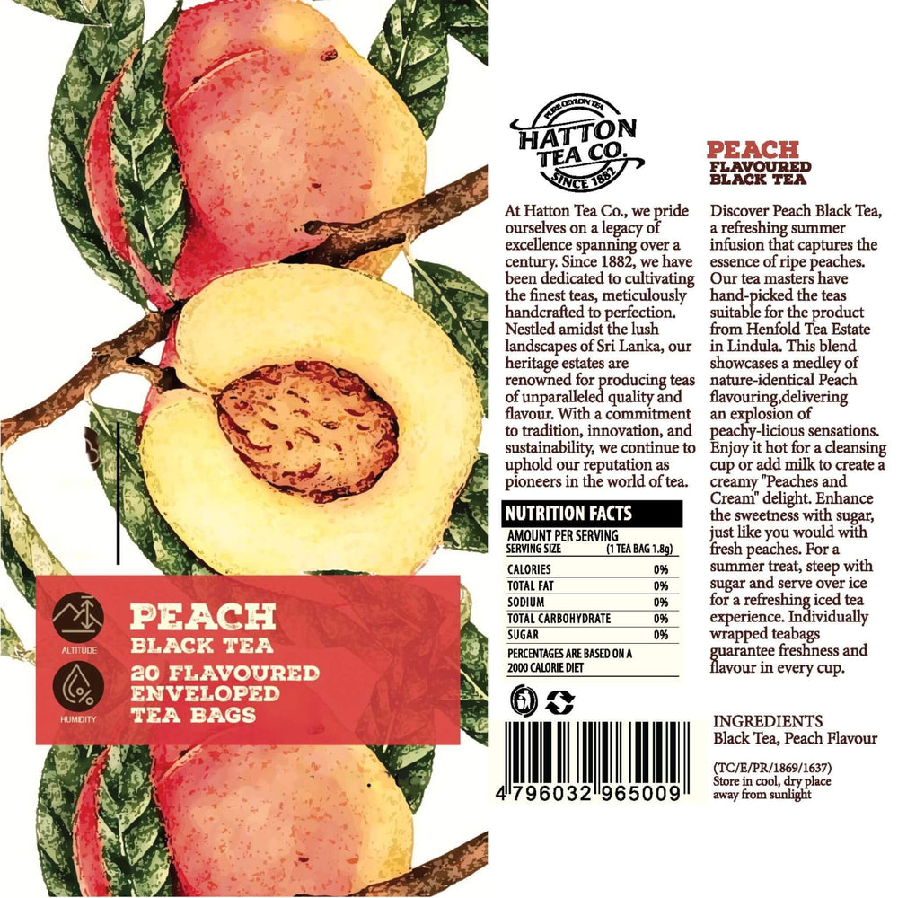 Hatton Tea Co. peach-flavored black tea packaging with illustrations of peaches and text.