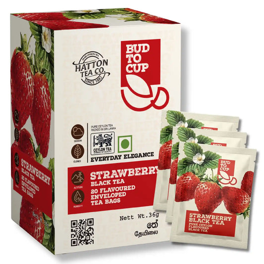 Hatton Tea Co. strawberry black tea packaging with tea bags displayed. 2048