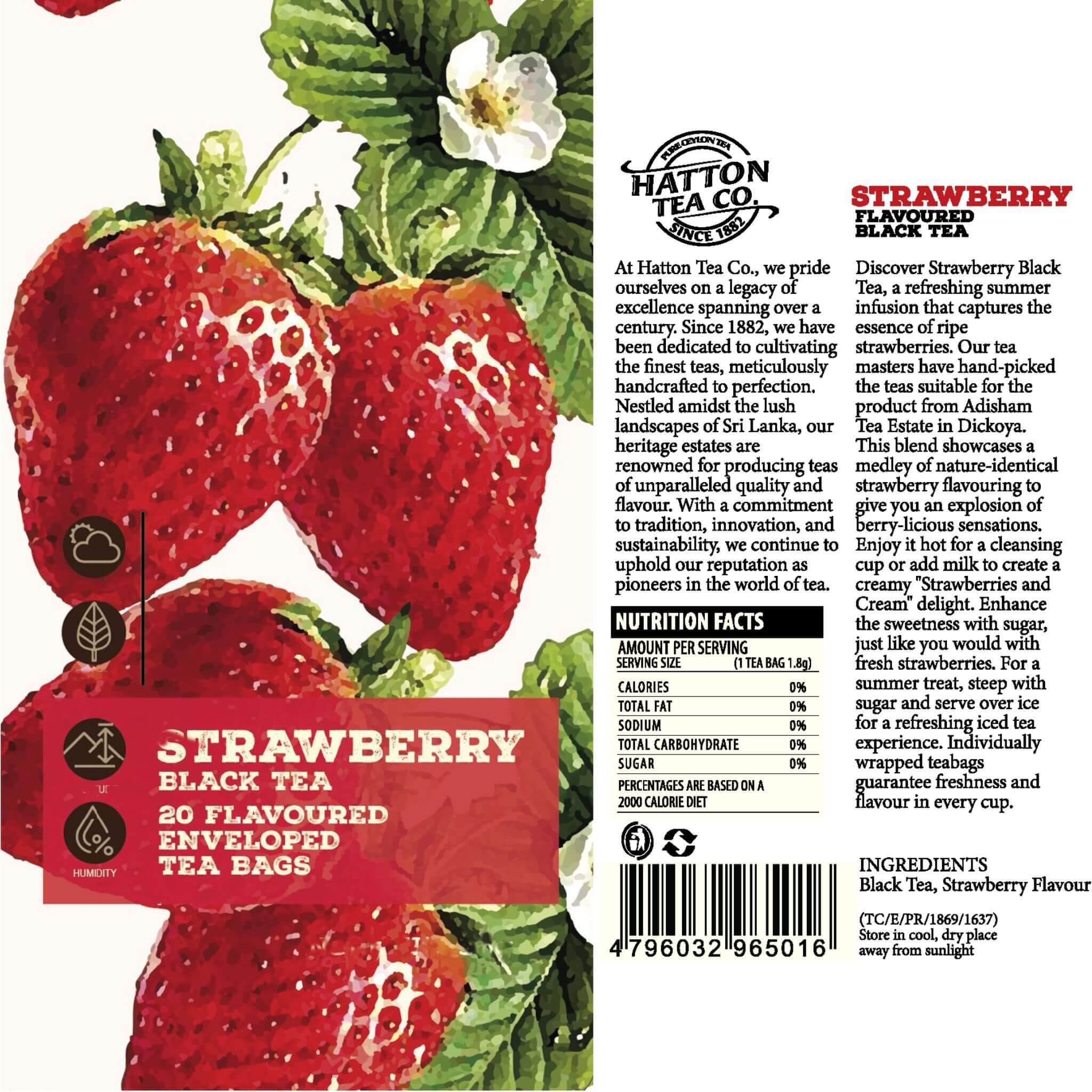 Hatton Tea Co. Strawberry Black Tea package with strawberries and branding.