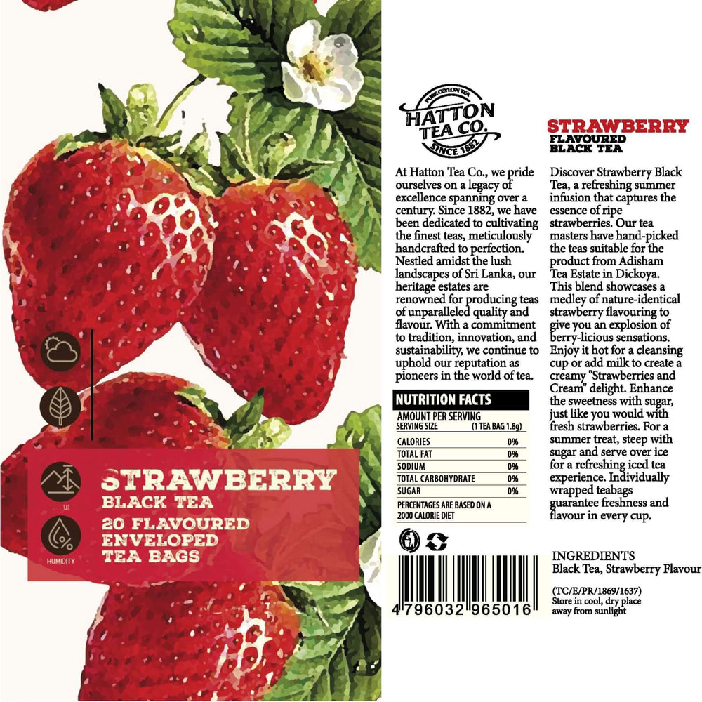Hatton Tea Co. Strawberry Black Tea package with strawberries and branding.