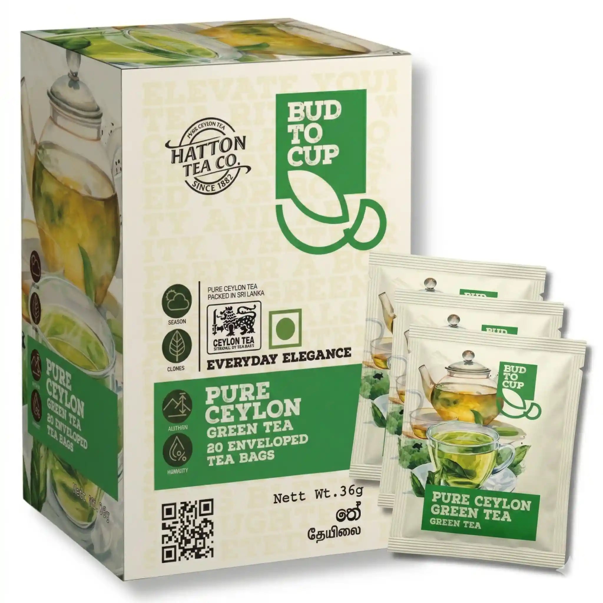 Hatton Tea Co. Pure Ceylon Green Tea packaging with tea bags on a white background