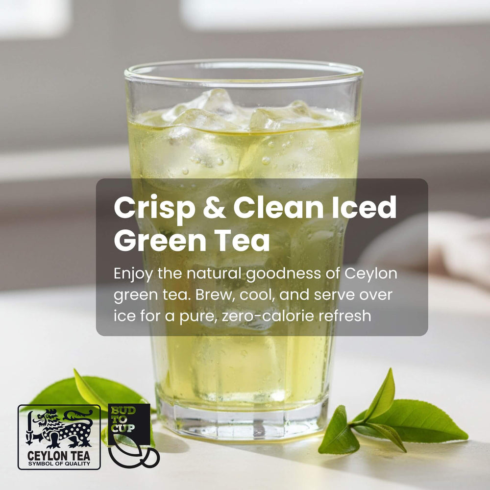 Glass of iced green tea with Ceylon Tea branding and text about the drink.