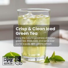 Glass of iced green tea with Ceylon Tea branding and text about the drink.