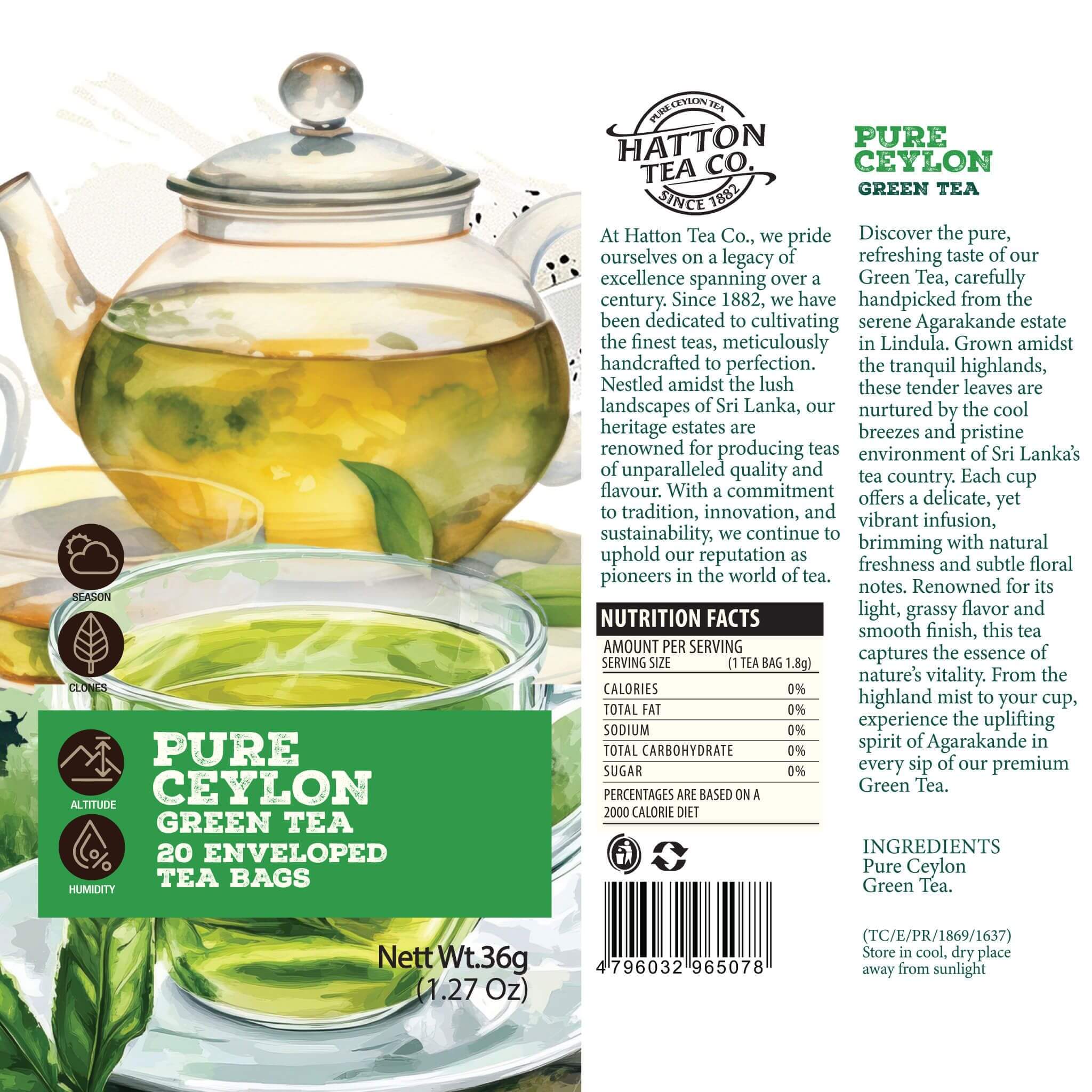 Hatton Tea Co. Pure Ceylon Green Tea packaging with teapot and tea bags.