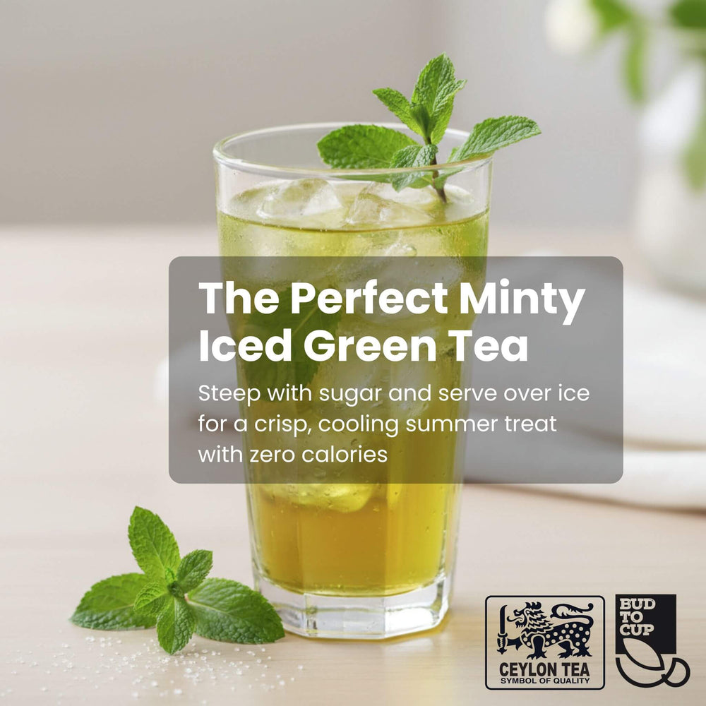 Glass of iced green tea with mint leaves on a light background, featuring text about the perfect minty iced green tea.