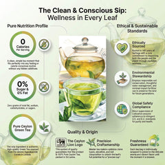 Tea infographic with green tea cup and teapot, highlighting health benefits and ethical standards.