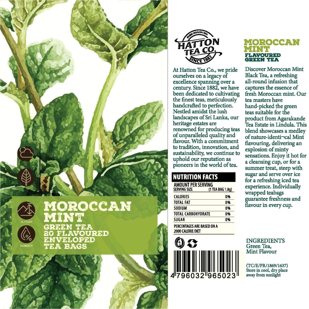 Hatton Tea Co. Moroccan Mint green tea packaging with tea leaves illustration and text.