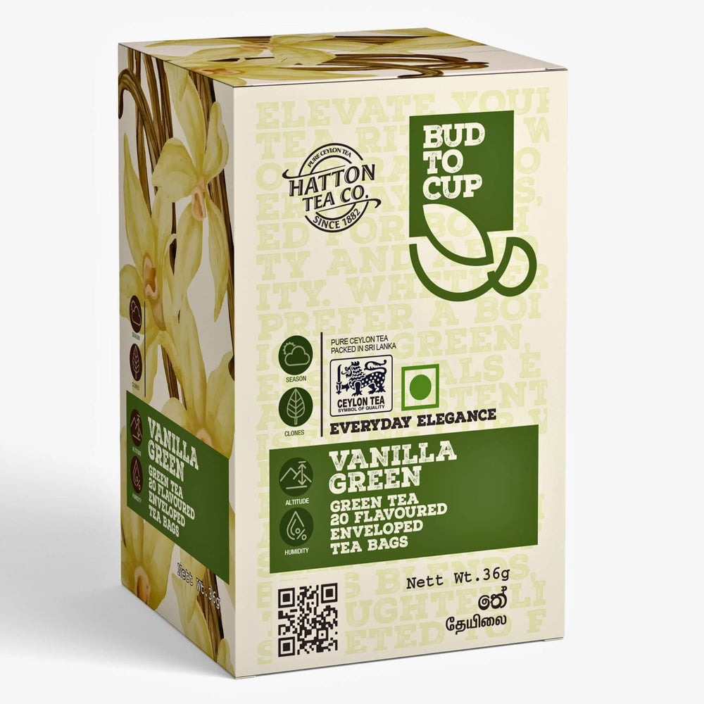 Box of Hatton Tea Co. Vanilla Green tea on a white background