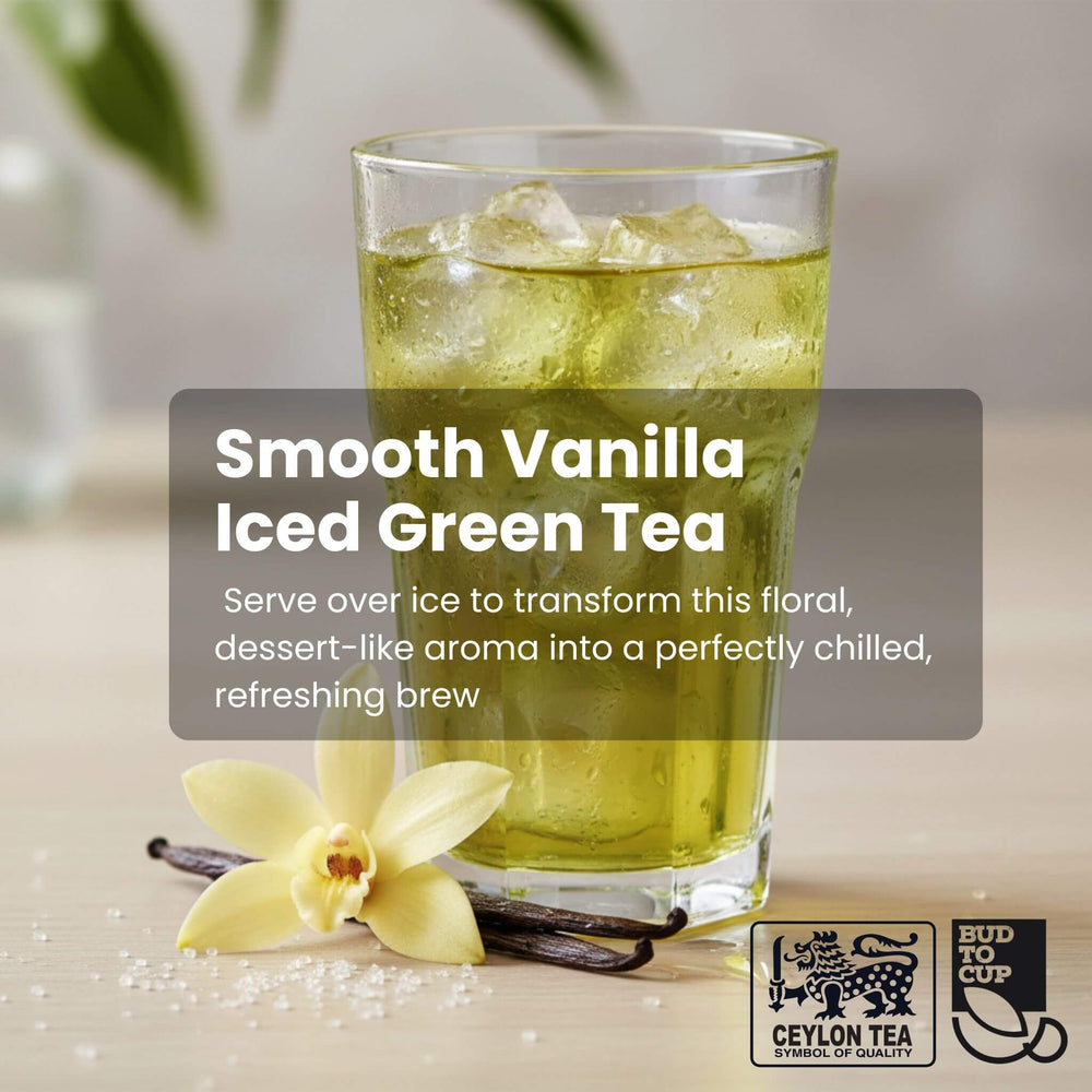 Glass of iced green tea with vanilla flower and vanilla bean, labeled 'Smooth Vanilla Iced Green Tea' by Bud to Cup.