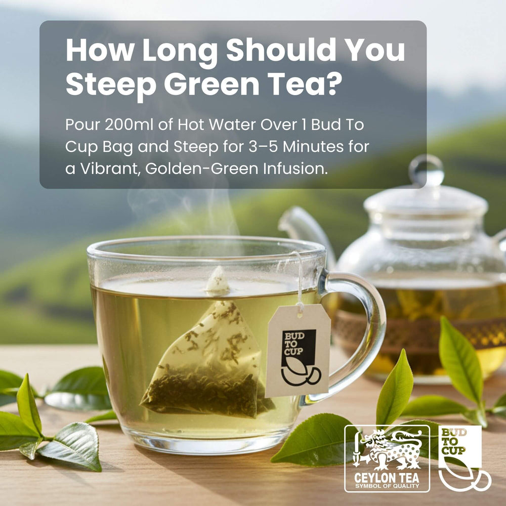 Glass mug with green tea and teabag, teapot, and scenic background with 'Bud to Cup' branding.