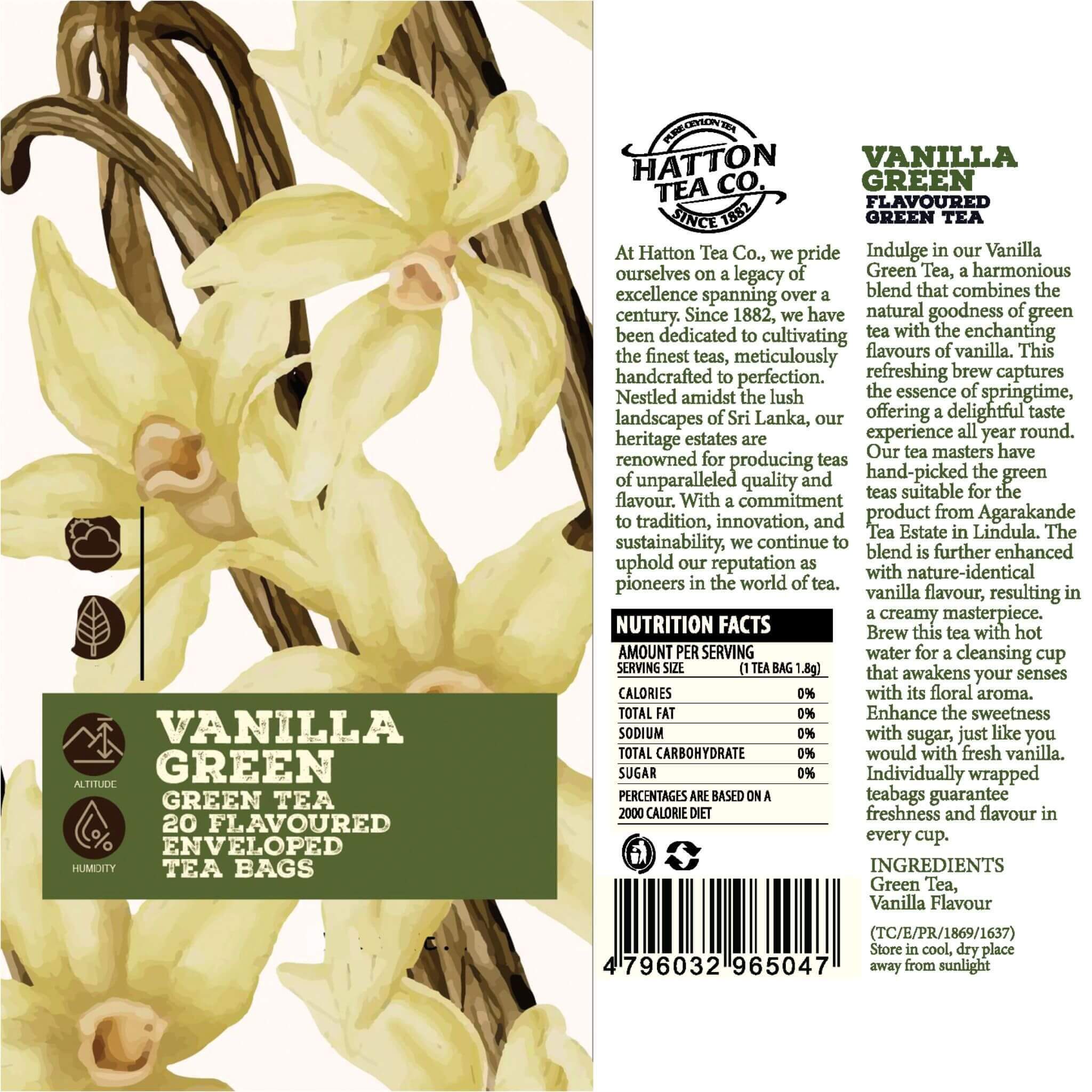 Vanilla green tea packaging with vanilla beans and floral elements on a white background