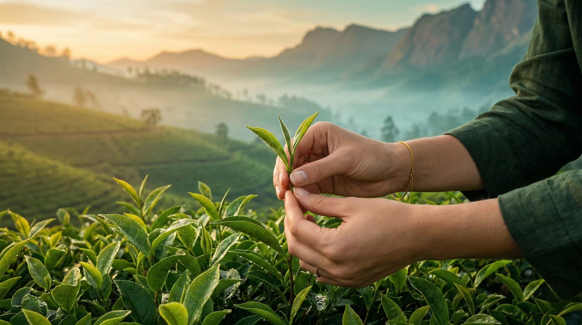 Person holding a tea leaf with a scenic view of tea fields and mountains in the background