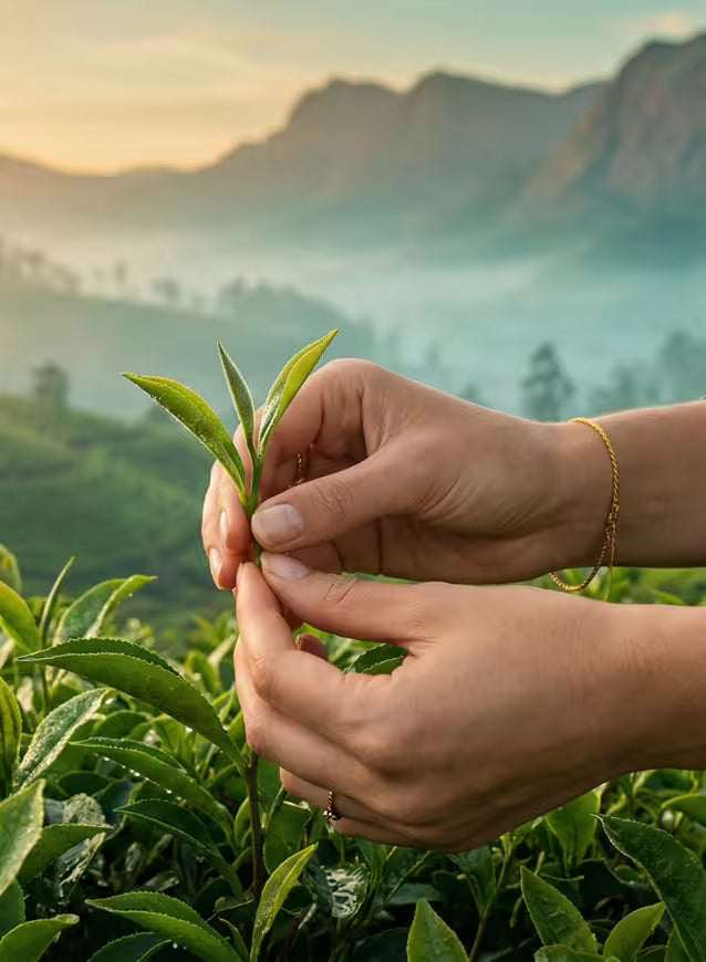 Hands holding a tea leaf with a scenic background of mountains and tea plants.