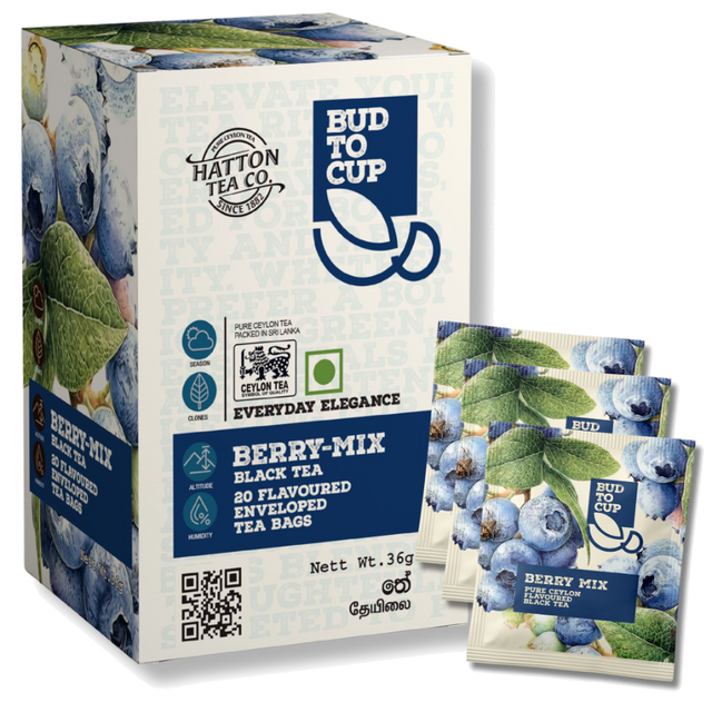 Box of BUD TO CUP Pure Ceylon Black Tea, Berry-Mix flavored, 20 tea bags, with packaging design featuring blueberries and leaves.