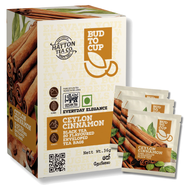 BUD TO CUP Ceylon Cinnamon tea packaging with tea bags displayed.