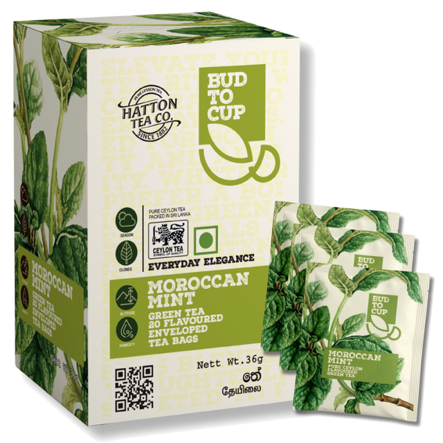 BUD TO CUP Moroccan Mint green tea packaging with tea bags on a white background