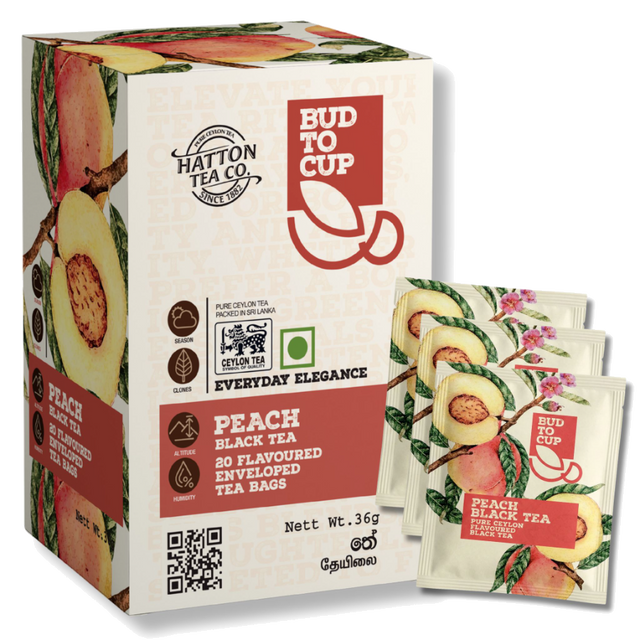 Box of BUD TO CUP Peach Black Tea with tea bags on a white background