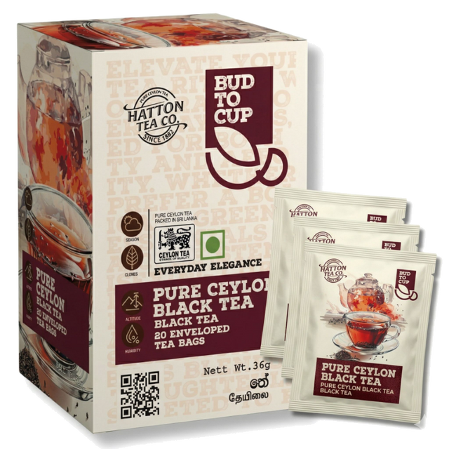 BUD TO CUP Pure Ceylon Black Tea packaging with tea bags on a white background